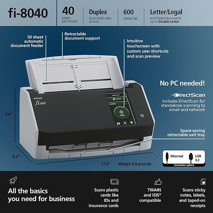 Ricoh fi-8040 Duplex Document Scanner, Black/Gray (PA03836 Ricoh fi-8040 Duplex Document Scanner, Black/Gray (PA03836