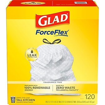 Glad ForceFlex Tall Kitchen Drawstring Trash Bags, 13 Gallon White Trash Bag, Unscented , 120/Box Each (78564)