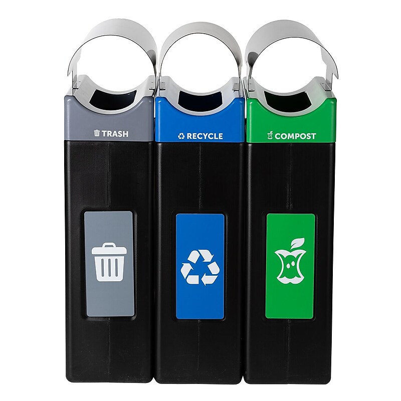 Commercial Zone Avante Series Polyethylene Triple-Stream Trash, Recycling and Compost Center, 90 Gallon, Black (787306MSA) image 1