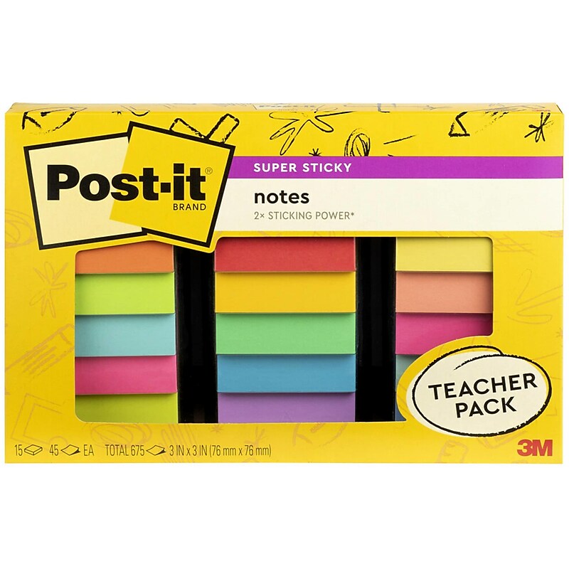 Post-it Super Sticky Notes, 3" x 3", Assorted Collection, 45 Sheets/Pad, 15 Pads/Pack (654-15SSBTS-SR) image 1