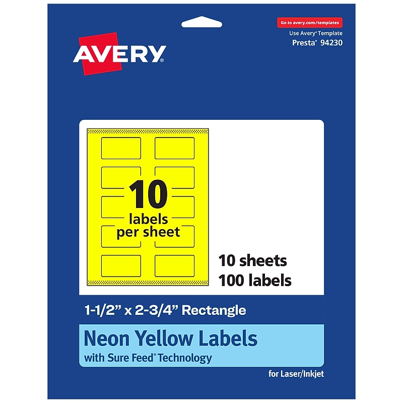 Avery Laser/Inkjet Multipurpose Rectangle Labels, 1.5" x 2.75", Neon Yellow, 100/Pack (94230) image 1