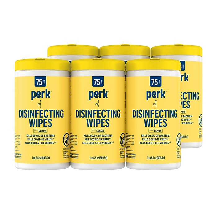 Perk™ Disinfecting Wipes, Lemon Scent, 75 Wipes/Pack, 6/Carton