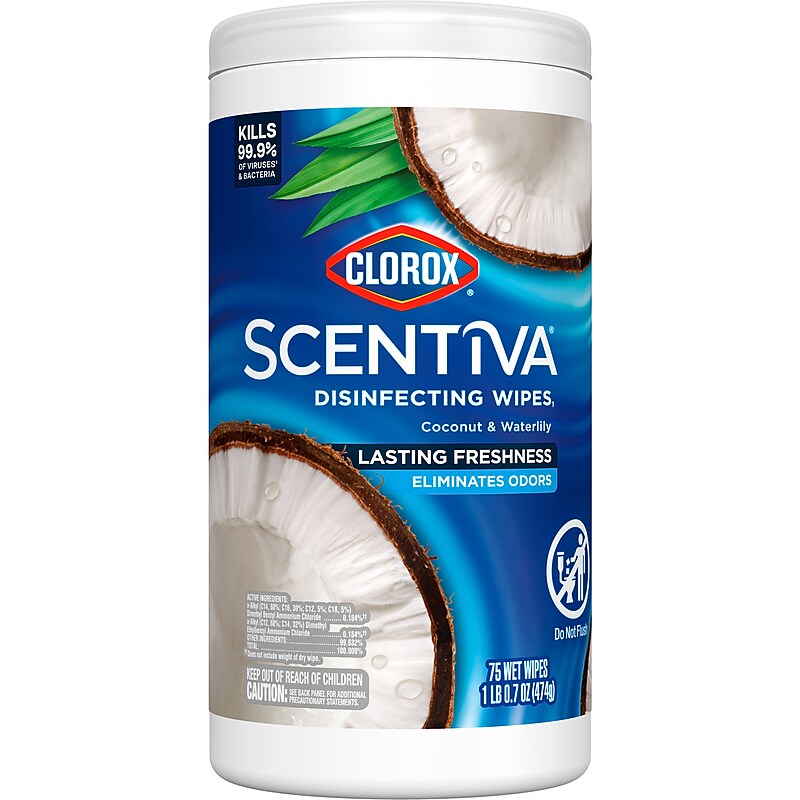 Clorox Scentiva Disinfecting Wipes, Coconut and Waterlily Scent, 75 Wipes/Container (60037) image 1