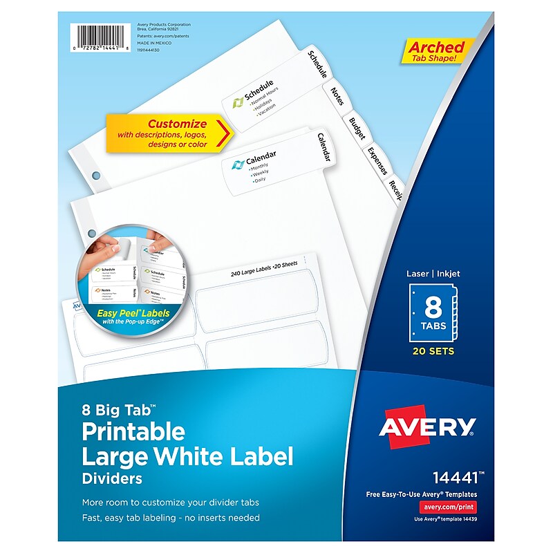 Avery Big Tab Printable Paper Dividers with Large White Labels, 8 Tabs, White, 20 Sets/Pack (14441) image 1