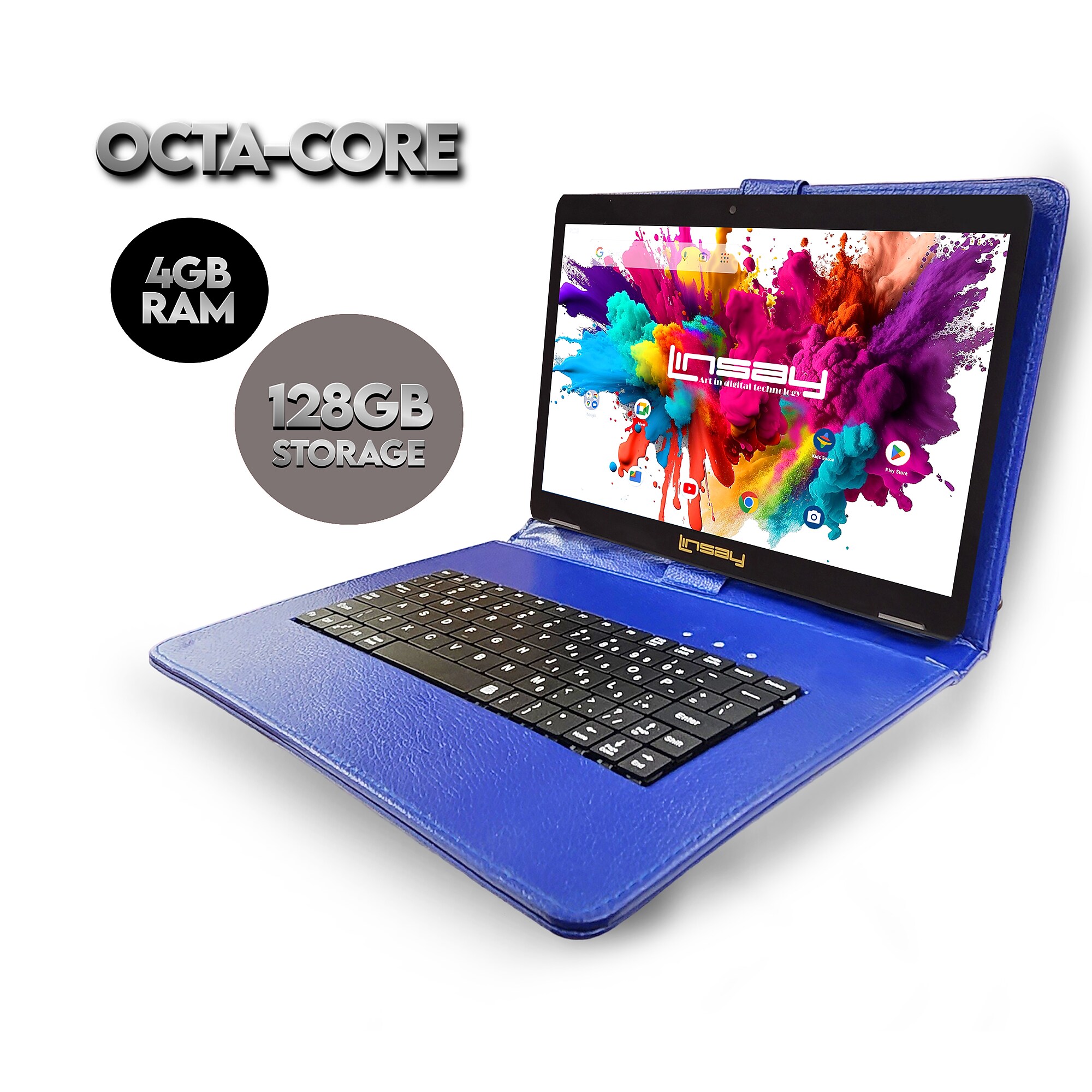 Linsay Octa Core 10.1″ Tablet, 128GB Storage, Android 15, Bundled with Blue Keyboard, Application Pack, and Stylus Pen Sansujyuku sansujyuku.com