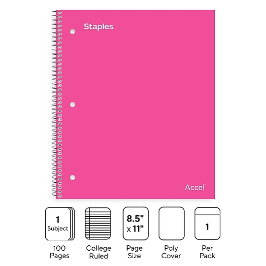 STAPLES Durable Poly Cover 1‑Subject Notebook, 8.5” x 11”, College Ruled, Pink~#|#~FA567295-6AFB-4C4A-822CE8F659AEB823_sc7