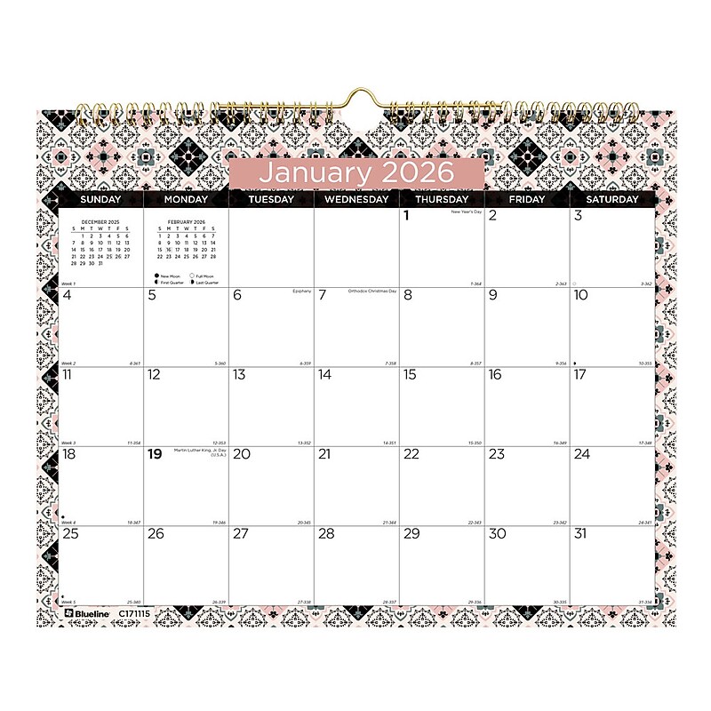 2026 Blueline Tiles 15" x 12" Monthly Wall Calendar (C171115) image 1
