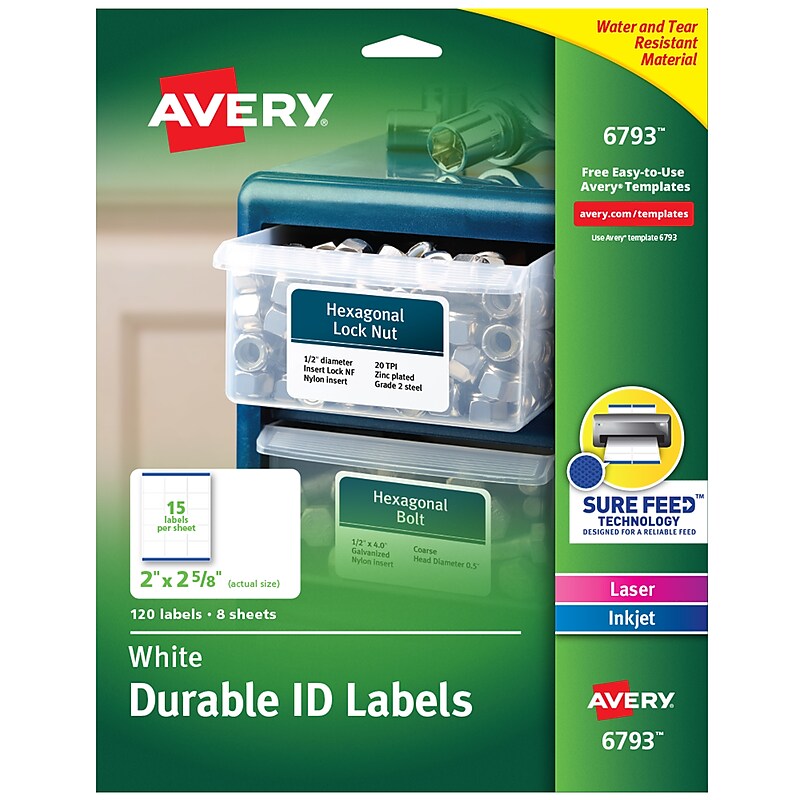Avery Sure Feed Laser/Inkjet Durable ID Labels, 2" x 2-5/8", White, 120 Labels/Pack (6793) image 1