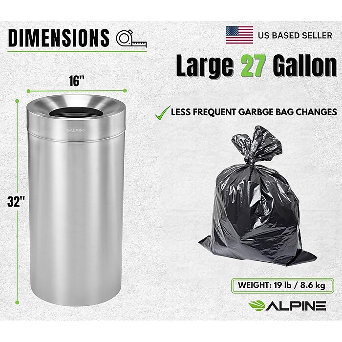 Alpine Industries Stainless Steel Trash Can with Open Lid, 27