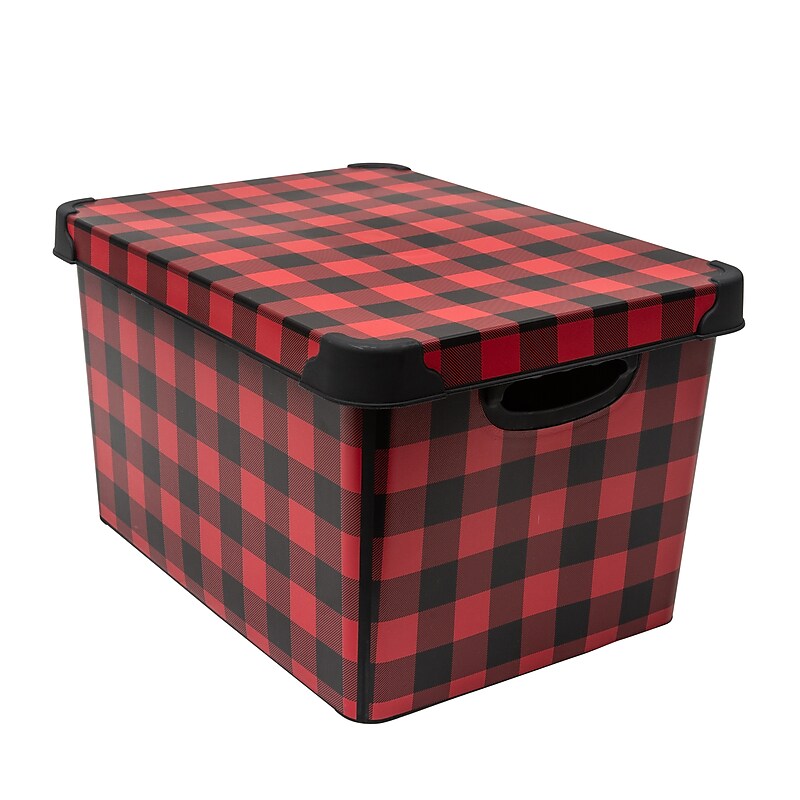 Simplify Checkered Storage Tote Bin with Lid, Plastic, Red/Black (9080-60) image 1