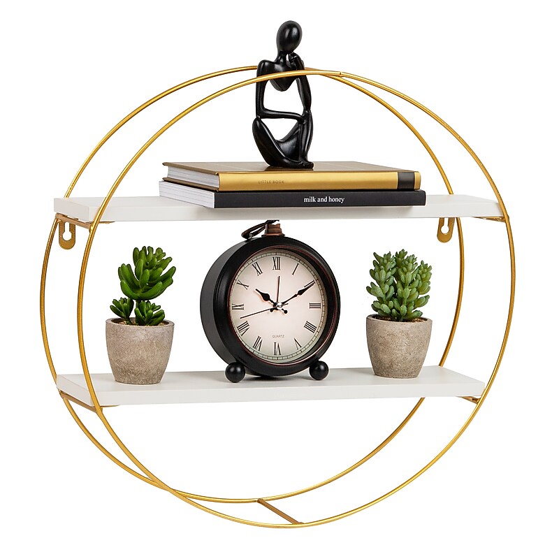 Mind Reader Metal Floating Round Wall Shelf, 15.5" x 3.81" x 16", White/Gold (MDGCIR-WHT) image 1