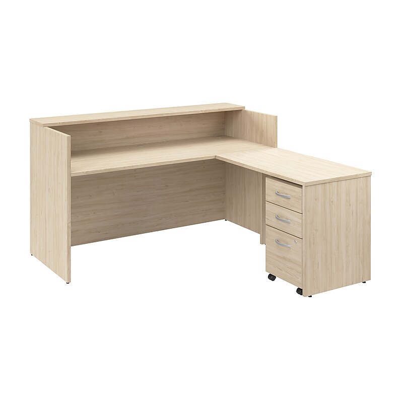 Bush Business Furniture Arrive 72"W L Shaped Reception Desk with Shelf and Mobile File Cabinet, Natural Elm (ARV007NE) image 1