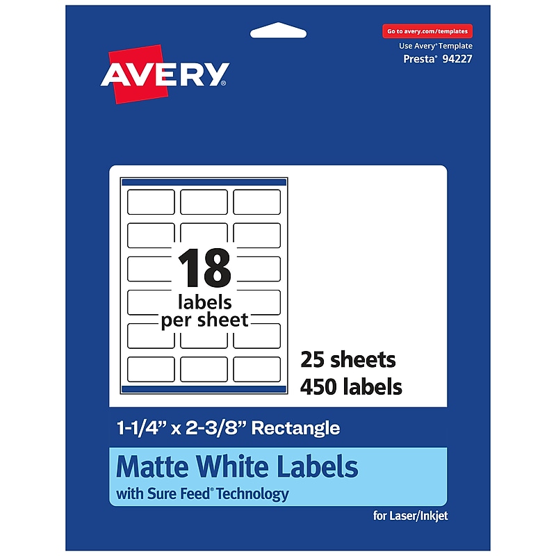 Avery Laser/Inkjet Rectangle Multipurpose Labels, 1.25" x 2.375", White, 450 Labels/Pack (94227) image 1
