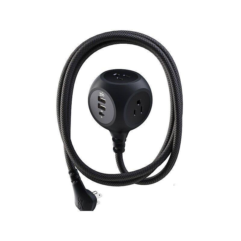 360 Electrical PowerBall32 3-Outlet 3-USB Port Power Strip, 8', Obsidian Black (3E0779-BOB6NA) image 1