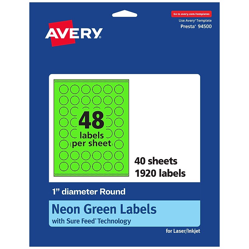 Avery Laser/Inkjet Multipurpose Circle Labels, 1" Dia., Neon Green, 1920/Pack (94500) image 1