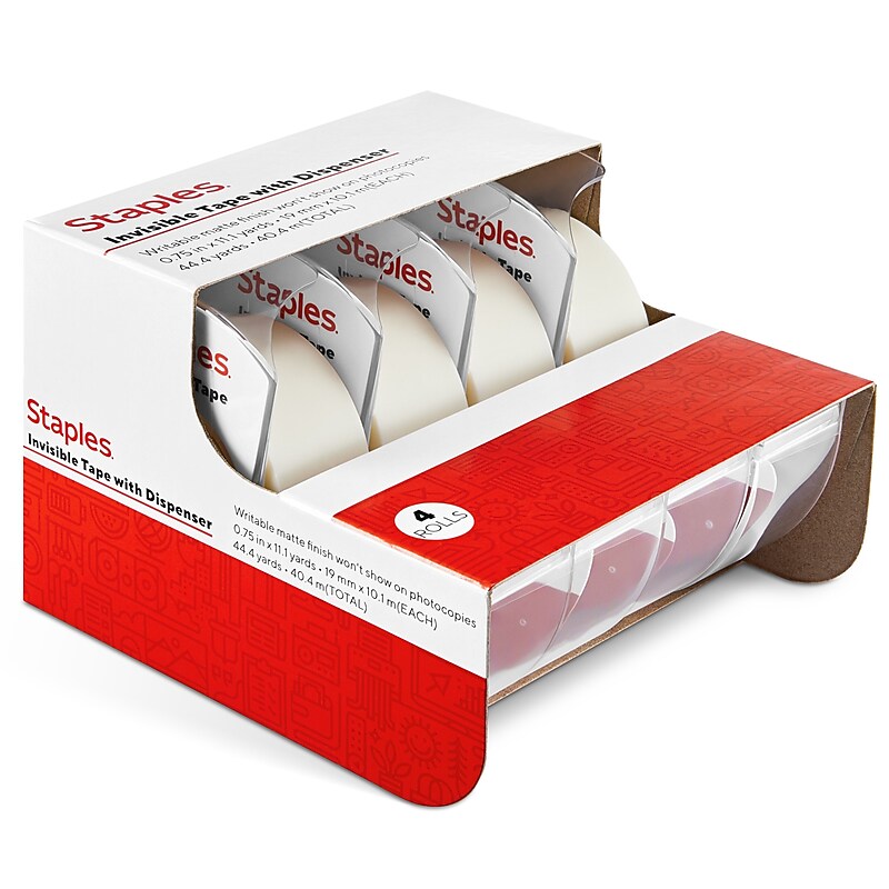 Staples® Invisible Clear Tape, 0.75" x 11.1 yds., 1" Core, Transparent, 4 Rolls/Pack (52384-P4D) image 1
