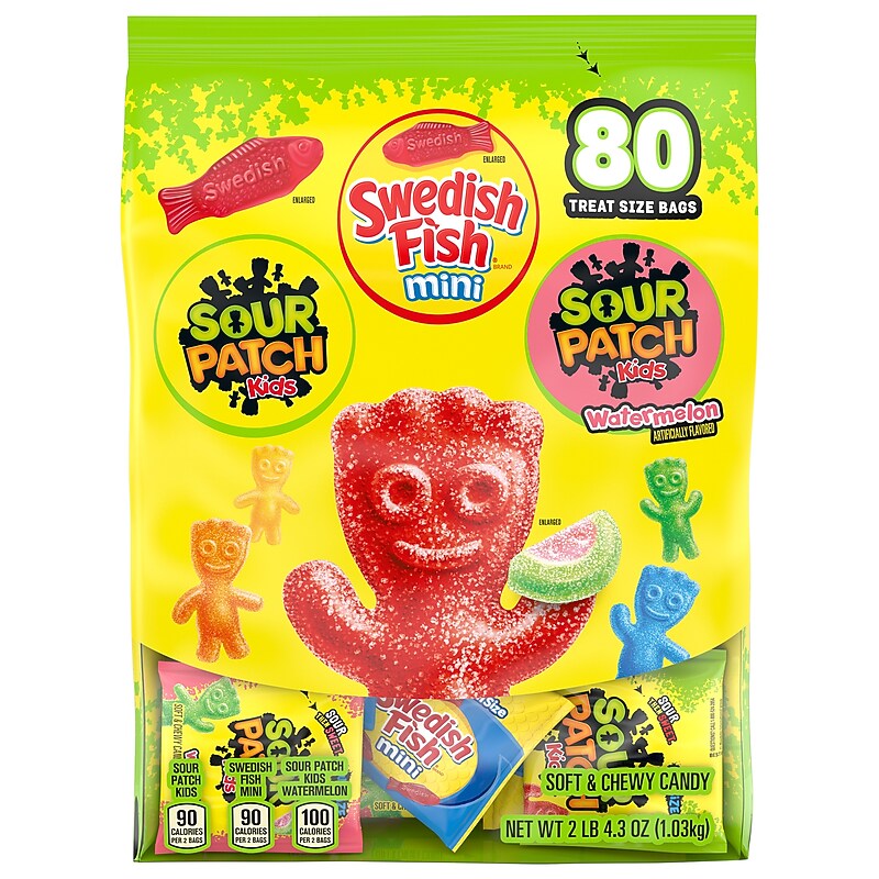 Sour Patch Kids & Swedish Fish Mini Chewy Candy Variety Bag, Assorted Flavors, 4.3 oz., 80 Pouches/Bag (MOZ01341) image 1