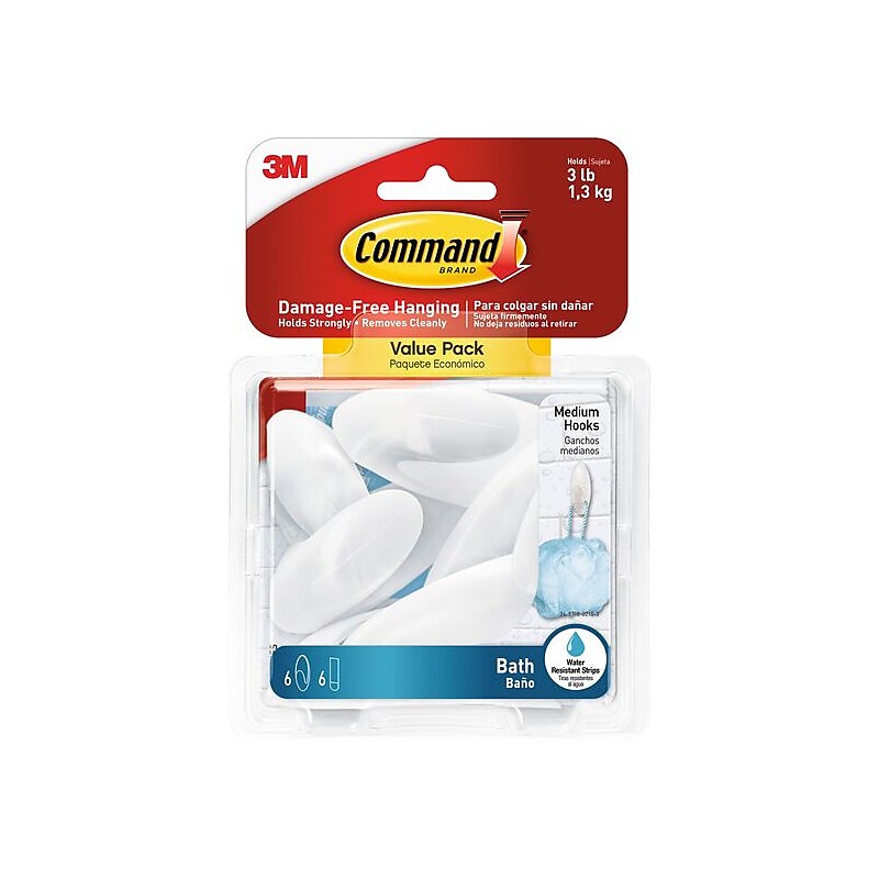 Command Medium Bath Hooks Value Pack, White, 6 Hooks (BATH18-6ES) image 1