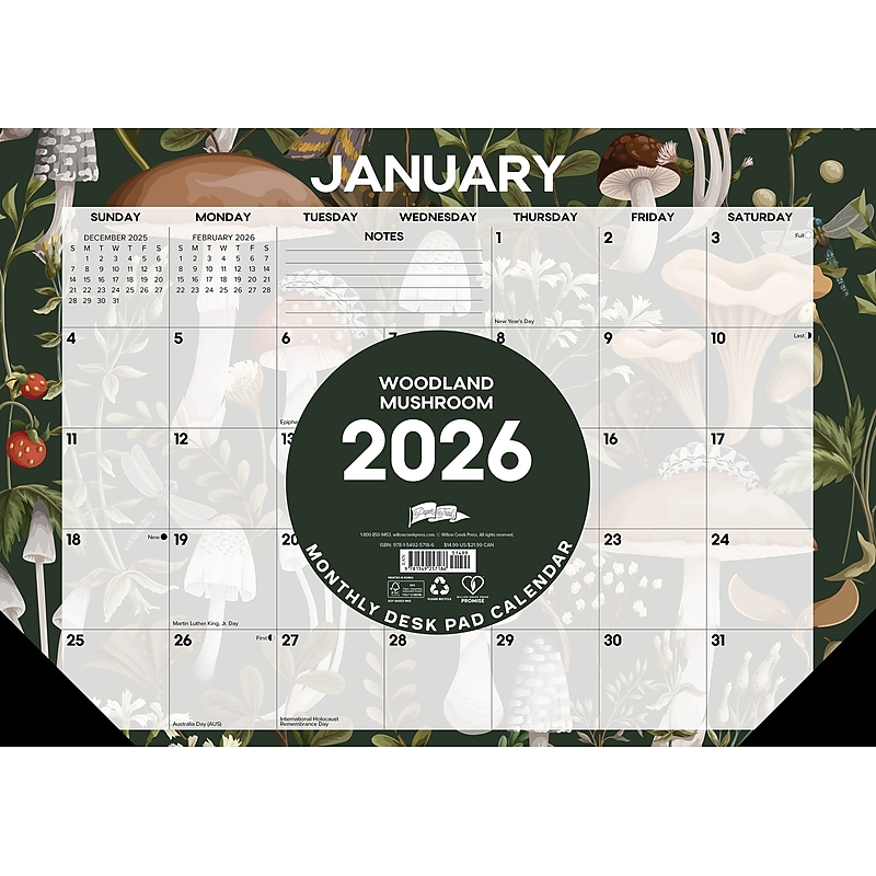 2026 Willow Creek Woodland Mushroom 17" x 12" Monthly Desk Pad Calendar (57186) image 1