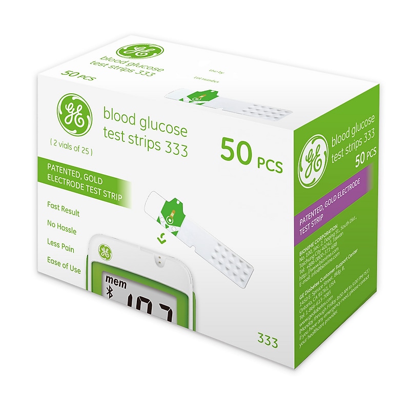 GE GE333 Blood Glucose Test Strips, White, 50 Strips/Pack (GE333TS) image 1