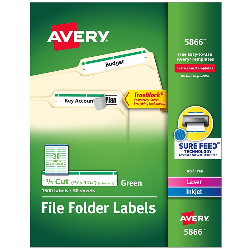 Avery TrueBlock Laser/Inkjet File Folder Labels, 2/3" x 3-7/16", White/Green, 1,500 Labels/Pack (5866) image 1