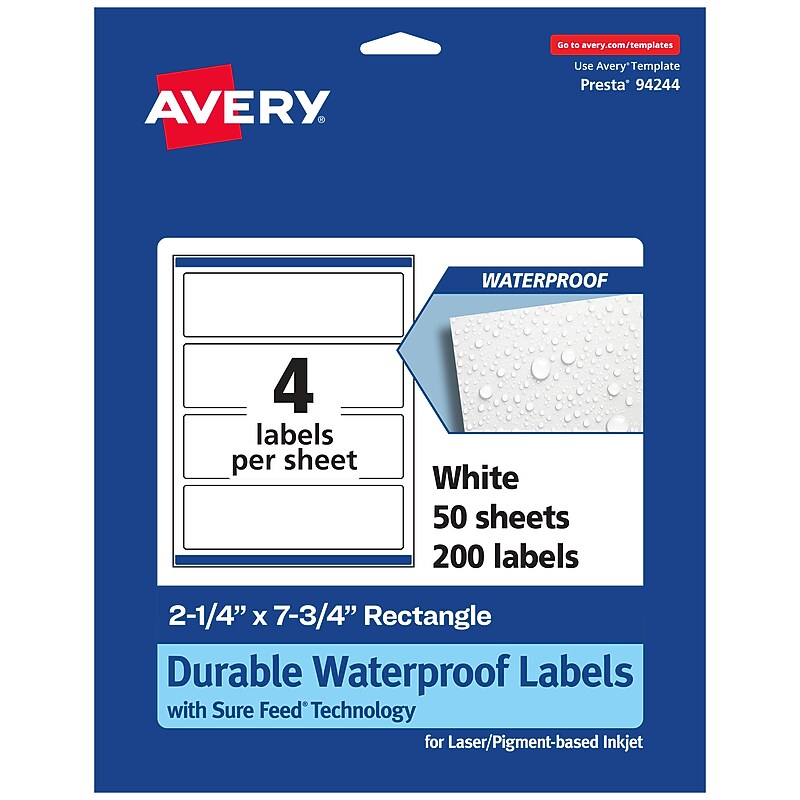 Avery Laser/Inkjet Rectangle Waterproof Multipurpose Labels, 7.75"  x 2.25", White, 200/Box (94244) image 1