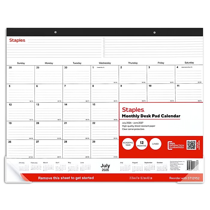 2026-2027 Staples 21.75" x 17" Academic Monthly Desk Pad Calendar, Black (ST12952-27)