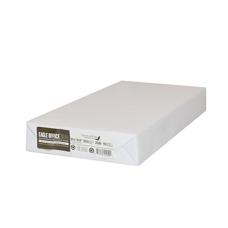 American Eagle 100% Recycled 8.5" x 14" Multipurpose Paper, 20 lbs., White, 500 Sheets/Ream (31550502) image 1
