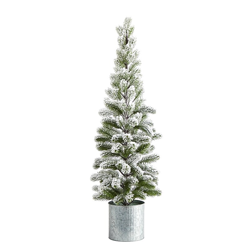 Nearly Natural Flocked Christmas Artificial Pine Tree in Tin Planter, 3' (T1501) image 1
