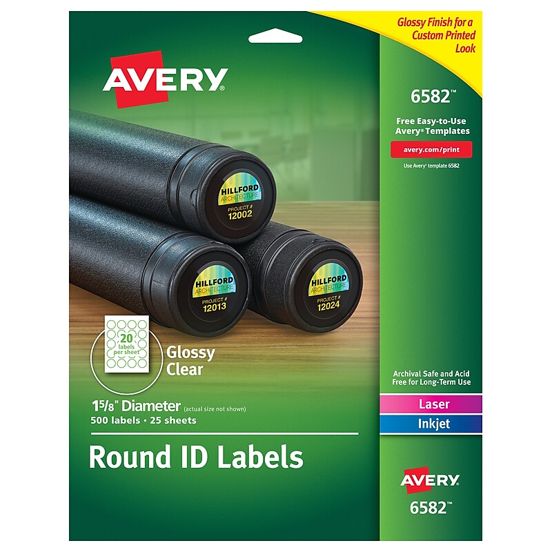 Avery Sure Feed Laser/Inkjet Print-to-the-Edge Labels, 1-5/8" Dia, Glossy Clear, 500 Labels/Pack (6582) image 1