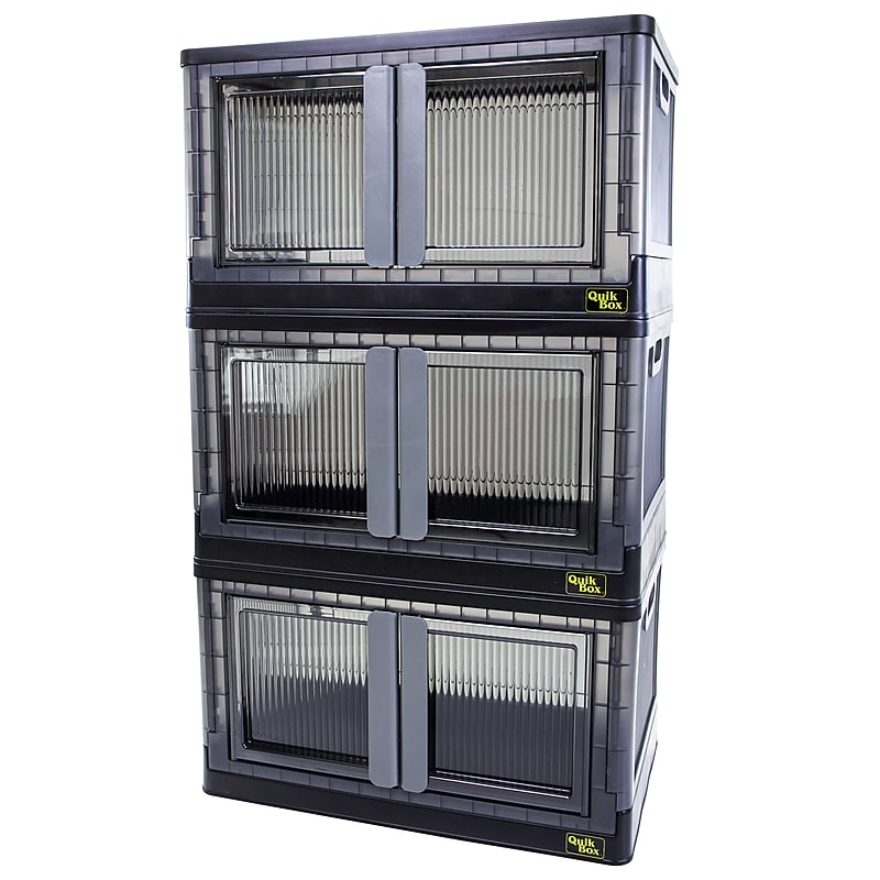 Dbest Quik Box Large Stackable Folding Plastic Storage Bin, 36" x 20" x 12", 76 Qt., Black, 3/Pack (01-937) image 1