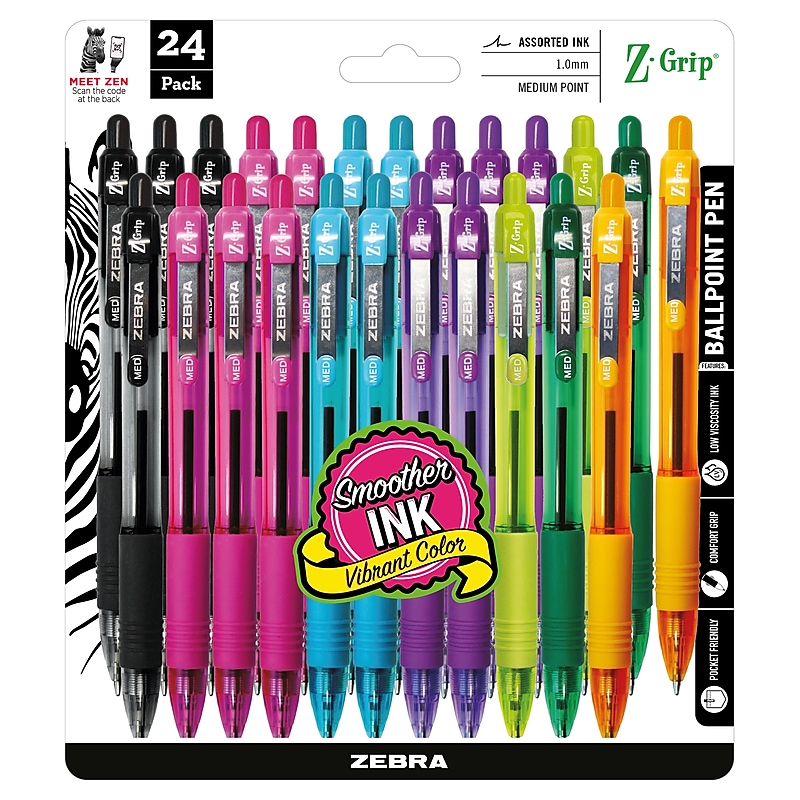 Zebra Z-Grip Retractable Ballpoint Pen, Medium Point, 1.0mm, Assorted Ink, 24 Pack (12271) image 1