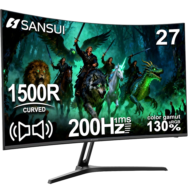 Sansui G-Series 27" Curved FHD 200Hz AMD Free-Sync VA Gaming Monitor, Tilt Adjustable, Built-In Speakers, Black image 1