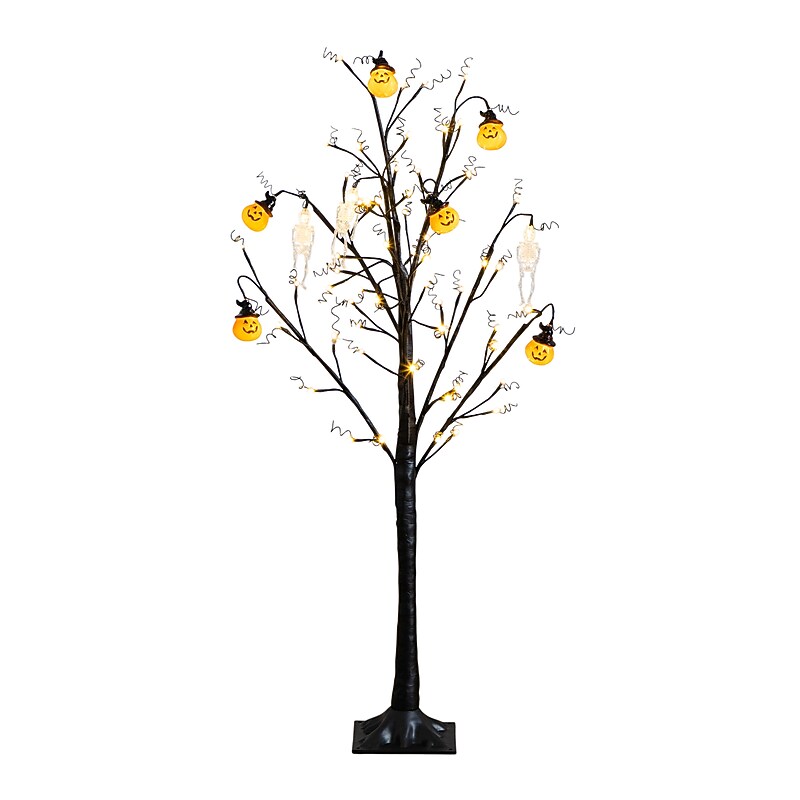 Nearly Natural Pre-Lit Artificial Halloween Pumpkins and Skulls Ornament Tree, 4' (T5364) image 1