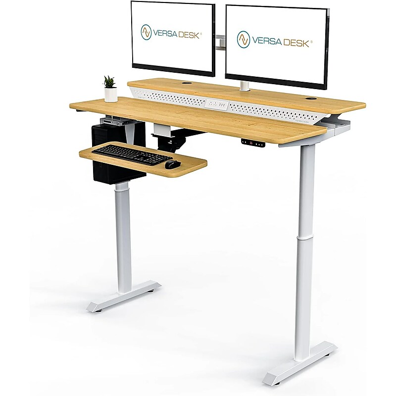VersaDesk PowerLift Split-Level 48"W Electric Rectangular Adjustable Standing Desk, Maple/White (PL2SD4830-WM) image 1