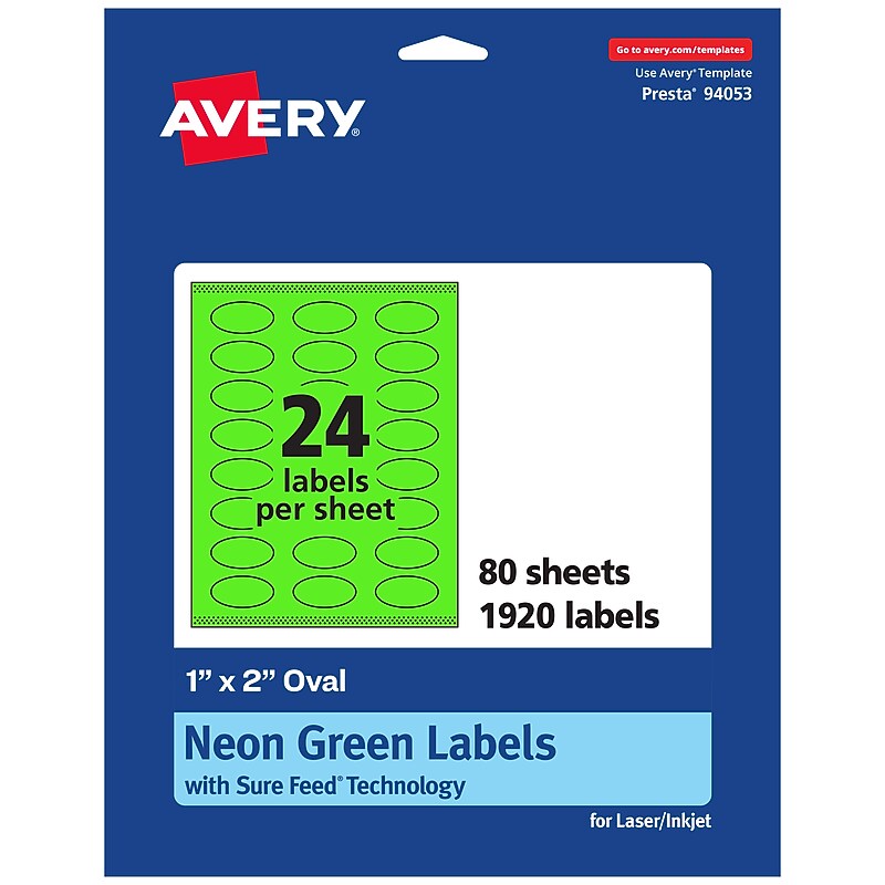 Avery Laser/Inkjet Multipurpose Oval Labels, 1" x 2", Neon Green, 1920/Box (94053) image 1