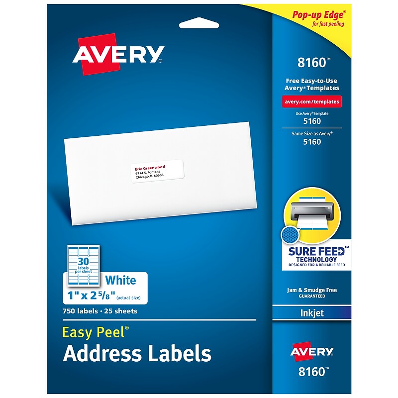 Avery Easy Peel Inkjet Address Labels, 1" x 2 5/8", Matte White, 750 Labels/Pack (8160) image 1