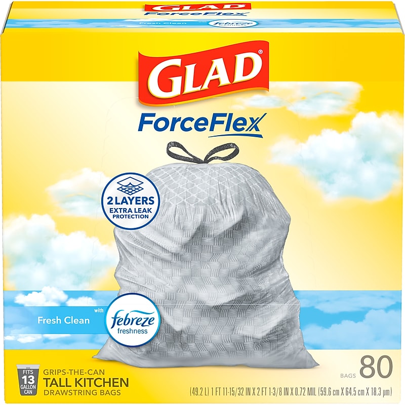 Glad ForceFlex Tall Kitchen Drawstring Trash Bags, 13 Gallon, Fresh Clean scent with Febreze Freshness, 80/Box(78534) image 1