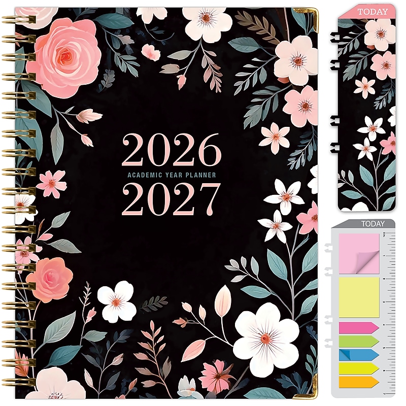 2026-2027 Excello Brands 8.5" x 11" Academic Weekly & Monthly Planner, Paperboard Cover, Black Floral Pink (FSHN-AY26-8511-06) image 1