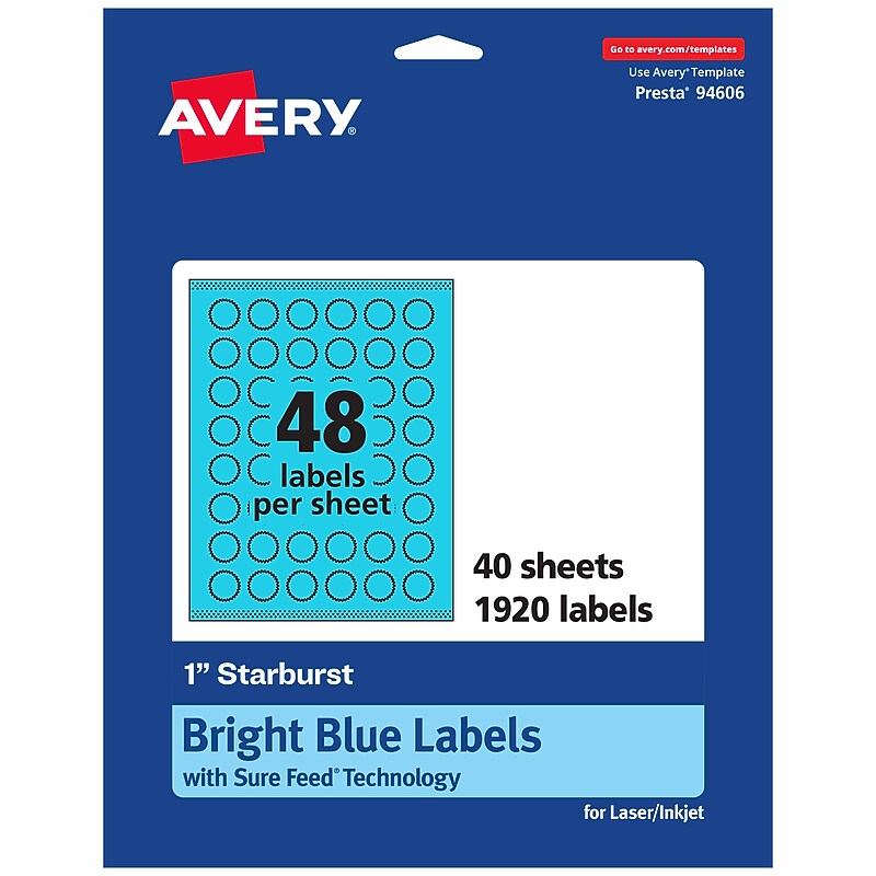 Avery Printable Burst Multipurpose Labels, 1", Bright Blue, 1920/Pack (94606) image 1