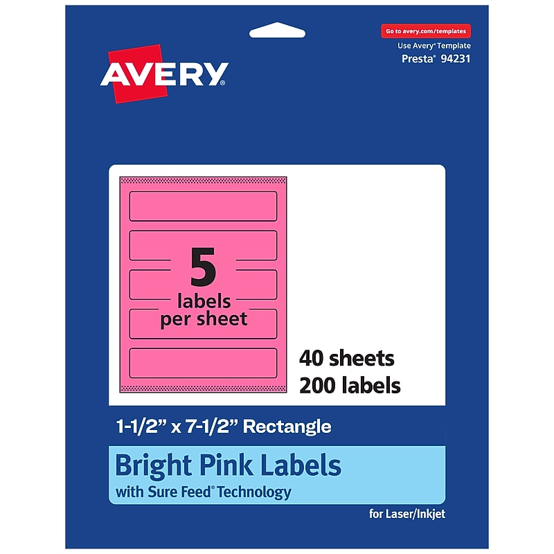 Avery Laser/Inkjet Rectangle Multipurpose Labels, 1.5" x 7.5", Bright Pink, 200/Pack (94231) image 1
