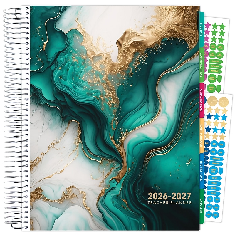 2026-2027 Excello Brands 8.5" x 11" Academic Weekly & Monthly Teacher Planner, Paperboard Cover, Teal Gold Marble image 1