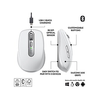 Logitech MX Anywhere 3S Wireless Optical Mouse, Pale Gray (910-006926)
