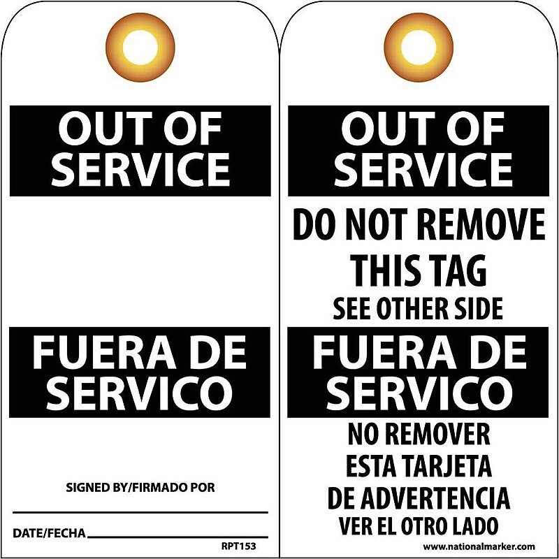 Accident Prevention Tags; Out Of Service Bilingual, 6X3, .015 Mil Unrip Vinyl, 25 Pk W/ Grommet image 1