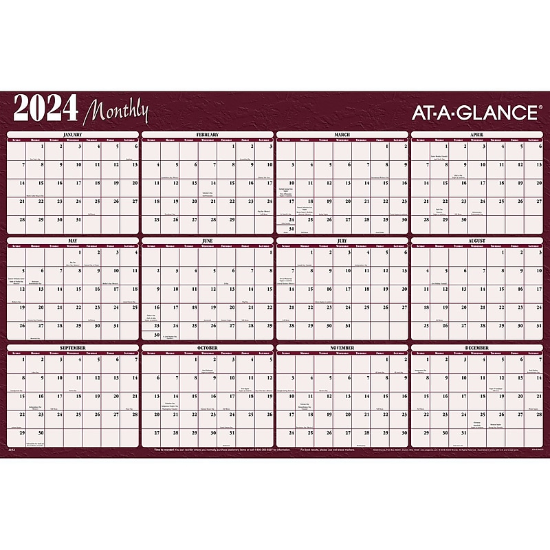 2024 AT-A-GLANCE 48" x 32" Yearly Wet-Erase Wall Calendar, Reversible, Red/Blue (A152-24) image 1