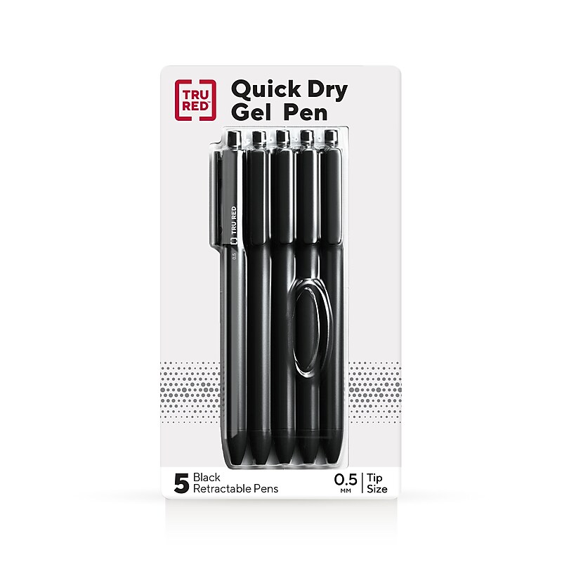 TRU RED™ Retractable Quick Dry Gel Pens, Fine Point, 0.5mm, Black, 5/Pack (TR54486) image 1