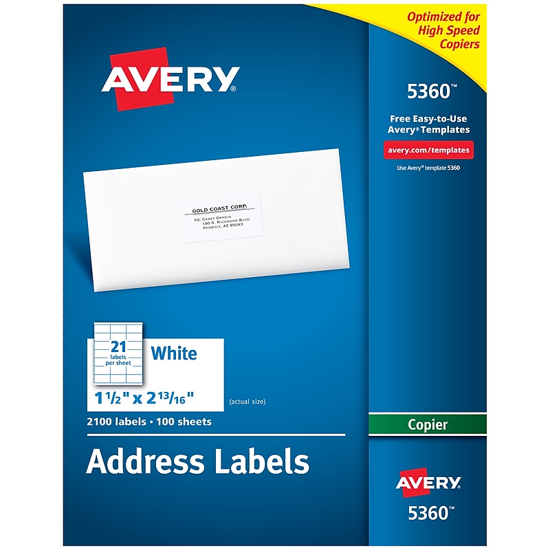 Avery Copier Address Labels, 1 1/2" x 2-13/16", White, 2,100 Labels/Box (5360) image 1