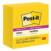 Post-it® Super Sticky Notes, 3" x 3", Electric Yellow, 90 Sheets/Pad, 5 Pads/Pack (654-5SSY)