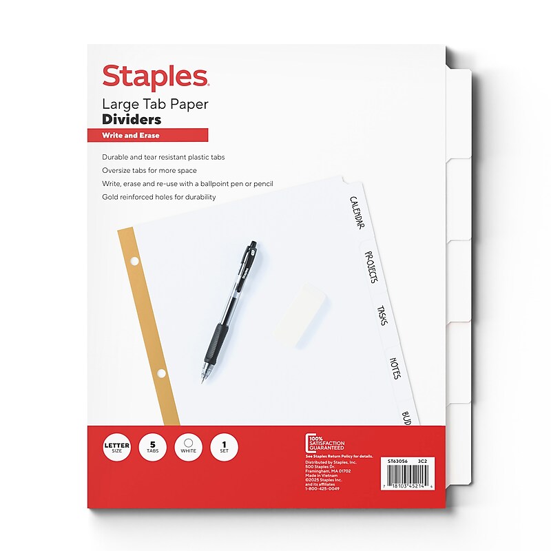 Staples Write & Erase Paper Dividers, White, 5-Tabs (ST63056) image 1