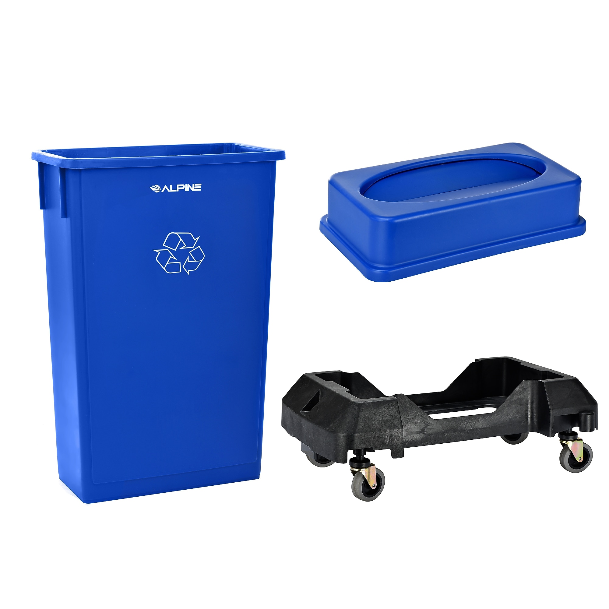 Alpine Industries Polypropylene Recycling Bin with Lid and Dolly, 23 Gallon, Blue (ALP477-BLU3-PKD) Sansujyuku sansujyuku.com
